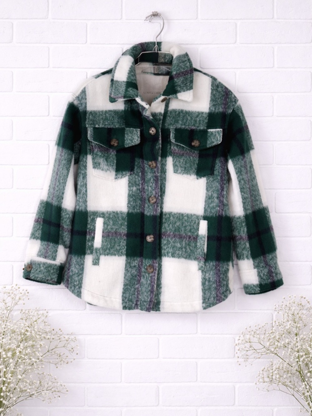 Avec Les Filles Green and White Plaid Long Sleeve Shirt Jacket Size XS